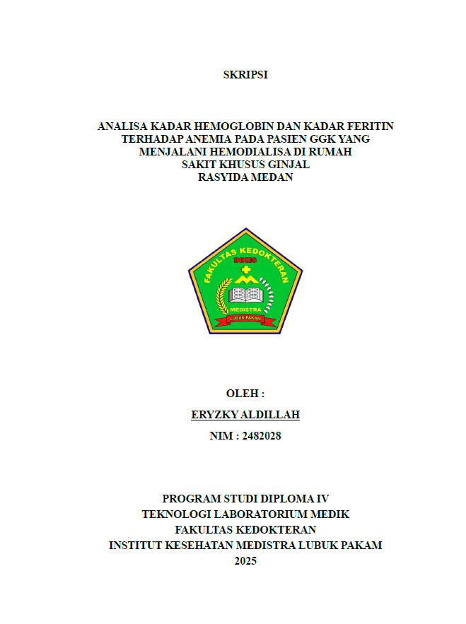 Sampul ANALISA KADAR HEMOGLOBIN DAN KADAR FERITIN TERHADAP ANEMIA PADA PASIEN GGK YANG MENJALANI HEMODIALISA DI RUMAH SAKIT KHUSUS GINJAL RASYIDA MEDAN