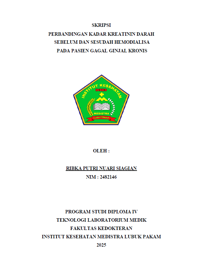 Sampul PERBANDINGAN KADAR KREATININ DARAH SEBELUM DAN SESUDAH HEMODIALISA PADA PASIEN GAGAL GINJAL KRONIS
