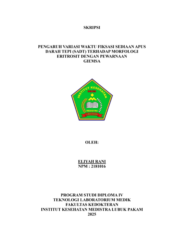 Sampul PENGARUH VARIASI WAKTU FIKSASI SEDIAAN APUS DARAH TEPI (SADT) TERHADAP MORFOLOGI ERITROSIT DENGAN PEWARNAAN  GIEMSA