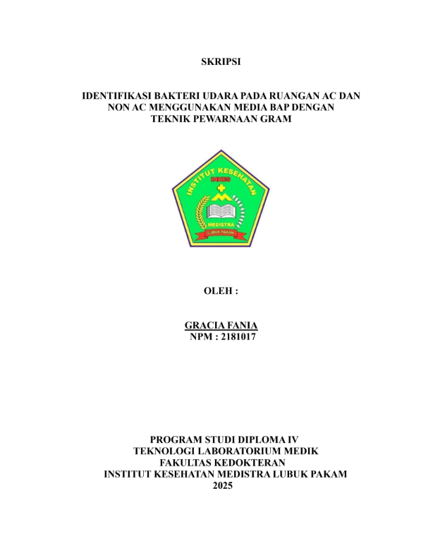Sampul IDENTIFIKASI BAKTERI UDARA PADA RUANGAN AC DAN NON AC MENGGUNAKAN MEDIA BAP DENGAN  TEKNIK PEWARNAAN GRAM