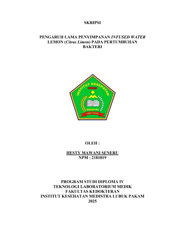 Sampul PENGARUH LAMA PENYIMPANAN INFUSED WATER LEMON (Citrus Limon) PADA PERTUMBUHAN  BAKTERI