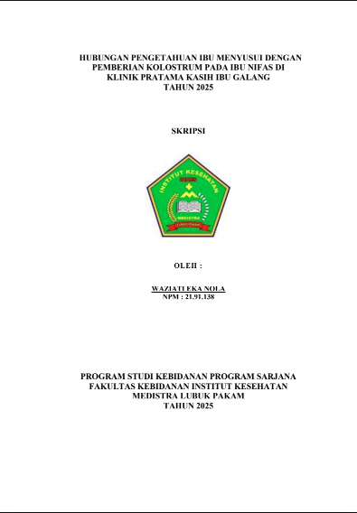 Sampul HUBUNGAN PENGETAHUAN IBU MENYUSUI DENGAN PEMBERIAN KOLOSTRUM PADA IBU NIFAS DI KLINIK PRATAMA KASIH IBU GALANG TAHUN 2025