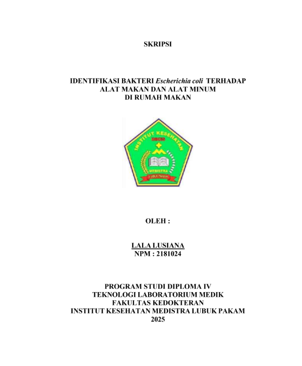 Sampul IDENTIFIKASI BAKTERI Escherichia coli TERHADAP  ALAT MAKAN DAN ALAT MINUM DI RUMAH MAKAN