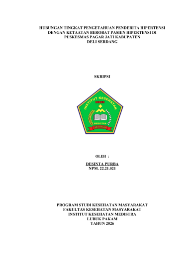 Sampul HUBUNGAN TINGKAT PENGETAHUAN PENDERITA HIPERTENSI DENGAN KETAATAN BEROBAT PASIEN HIPERTENSI DI PUSKESMAS PAGAR JATI KABUPATEN  DELI SERDANG