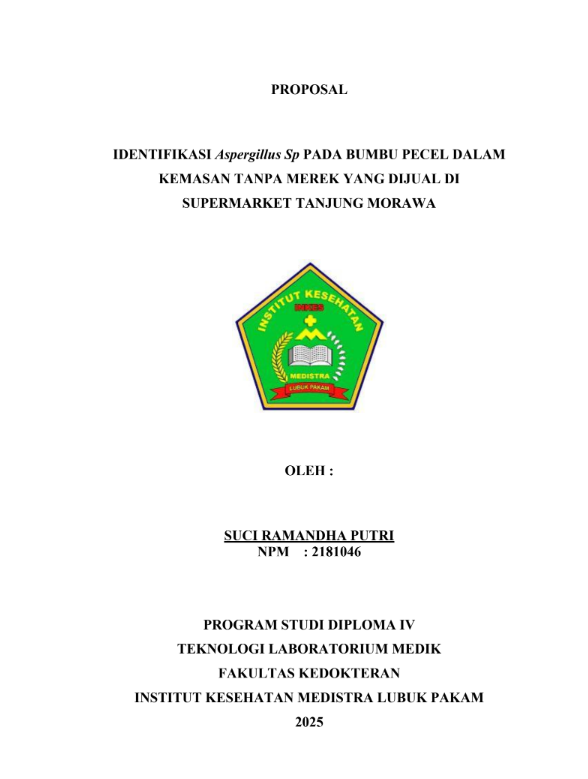 Sampul IDENTIFIKASI Aspergillus Sp PADA BUMBU PECEL DALAM KEMASAN TANPA MEREK YANG DIJUAL DI SUPERMARKET TANJUNG MORAWA