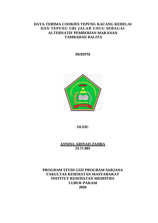 Sampul DAYA TERIMA COOKIES TEPUNG KACANG KEDELAI  DAN TEPUNG UBI JALAR UNGU SEBAGAI   ALTERNATIF PEMBERIAN MAKANAN  TAMBAHAN BALITA