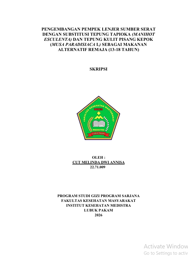 Sampul PENGEMBANGAN PEMPEK LENJER SUMBER SERAT  DENGAN SUBSTITUSI TEPUNG TAPIOKA (MANIHOT  ESCULENTA) DAN TEPUNG KULIT PISANG KEPOK  (MUSA PARADISIACA L) SEBAGAI MAKANAN  ALTERNATIF REMAJA (13-18 TAHUN)